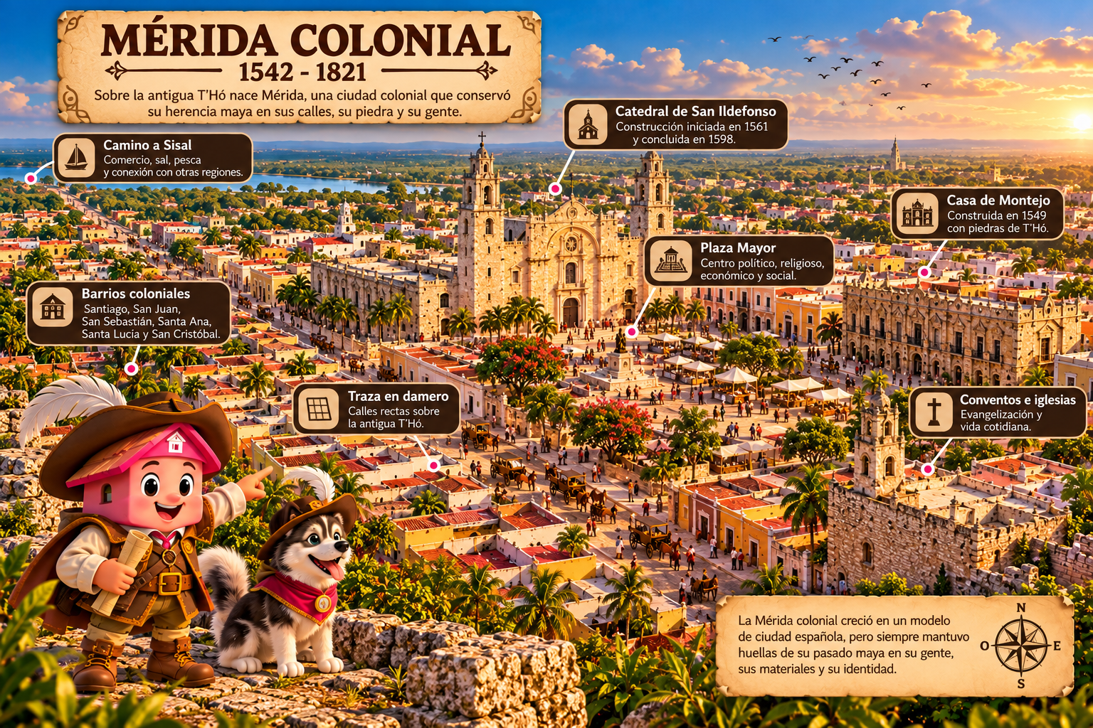 Ilustración interpretativa de la evolución de T’Hó a la Mérida colonial entre 1542 y 1821