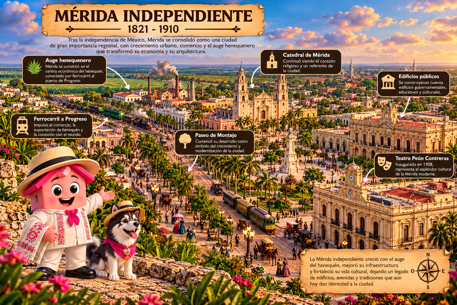 Ilustración interpretativa de Mérida independiente durante el siglo XIX, con VIM jaranero y Maki