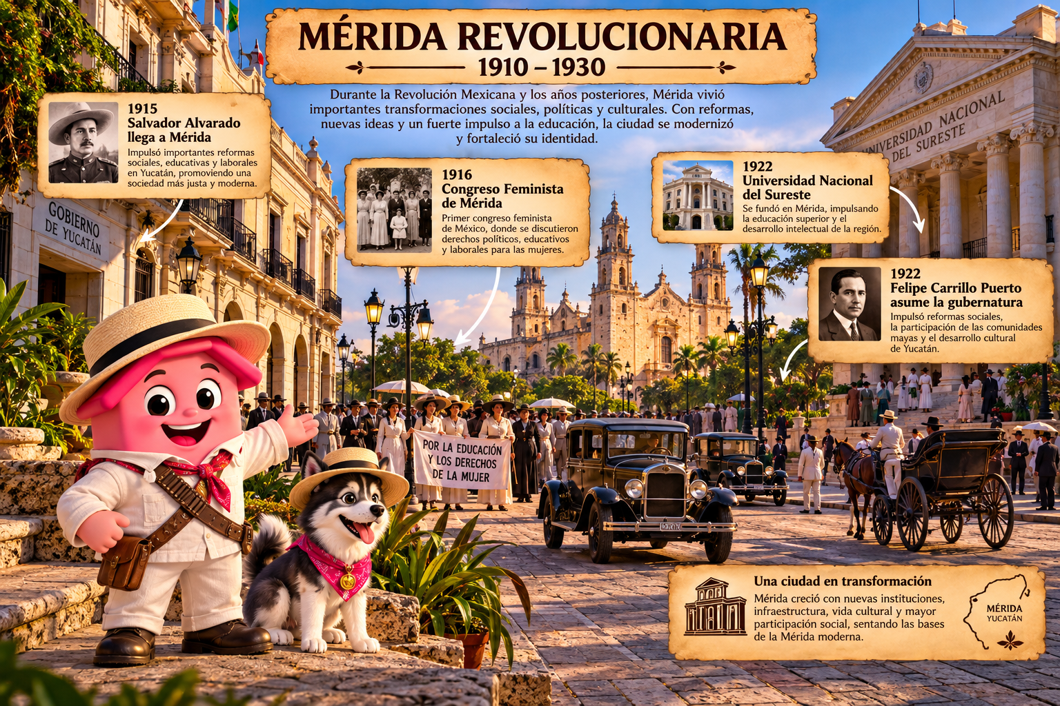 Ilustración interpretativa de Mérida entre 1910 y 1930, con VIM y Maki