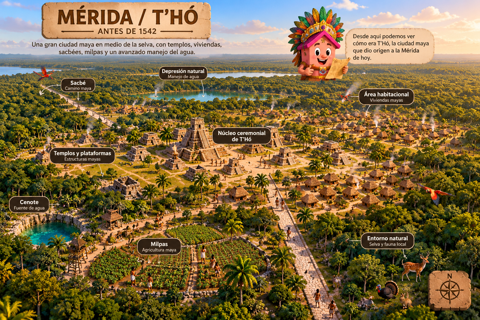 Escena interpretativa de T’Hó antes de 1542, inicio de la evolución visual de Mérida