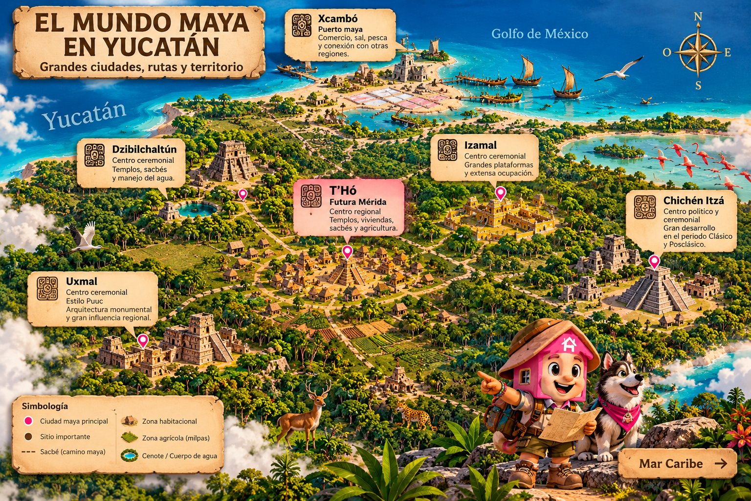 Mapa ilustrado del mundo maya en Yucatán con T’Hó, Xcambó, Dzibilchaltún, Izamal, Chichén Itzá y Uxmal