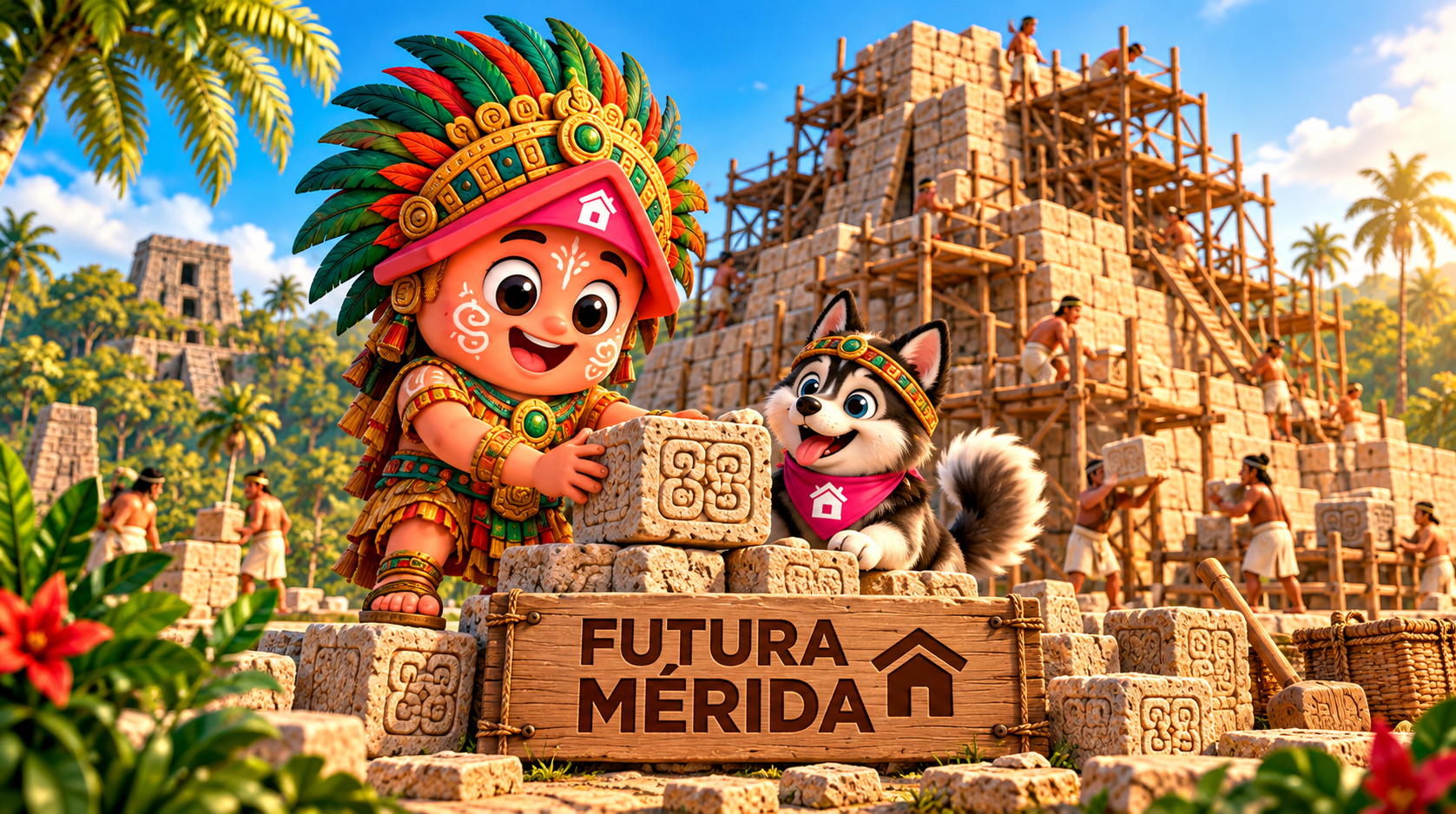VIM y Maki construyendo T’Hó con un letrero Futura Mérida